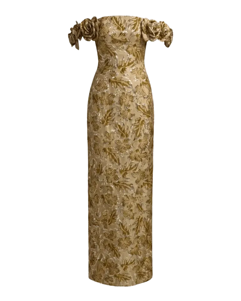 Brocade 3D Flower Off-The-Shoulder Gown