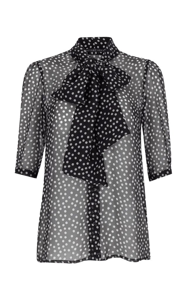 Polka-Dot Sheer Silk Bow Blouse