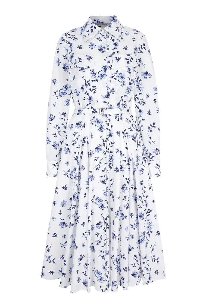 Emmalyna Dress in Blue Scattered Daisies on White Cotton