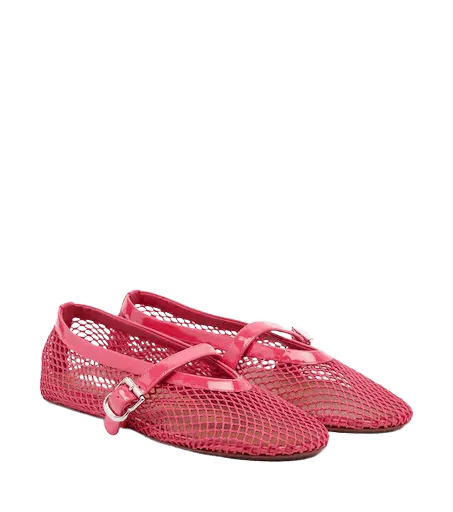 Leather-trimmed fishnet Mary Jane flats
