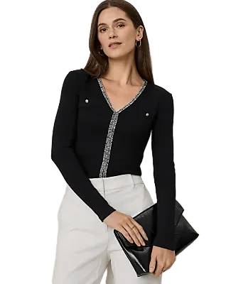 Tweed Trim Ribbed Top