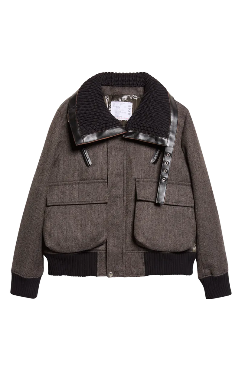 Mixed Media Wool Herringbone & Nylon Down Puffer Jacket
