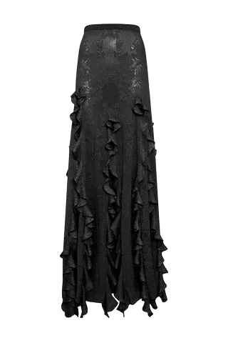 Garnet Pointelle Knit Lace Skirt in Black Silk Merino Wool with Custom Ruffles