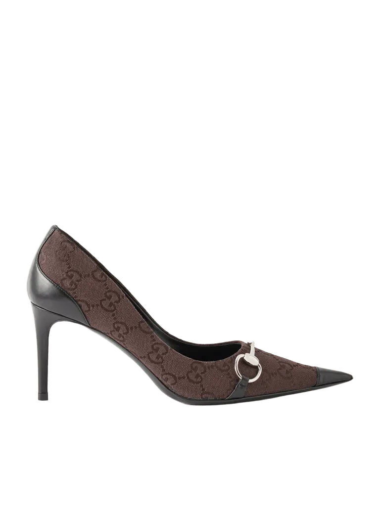 Donna leather-trimmed canvas-jacquard pumps