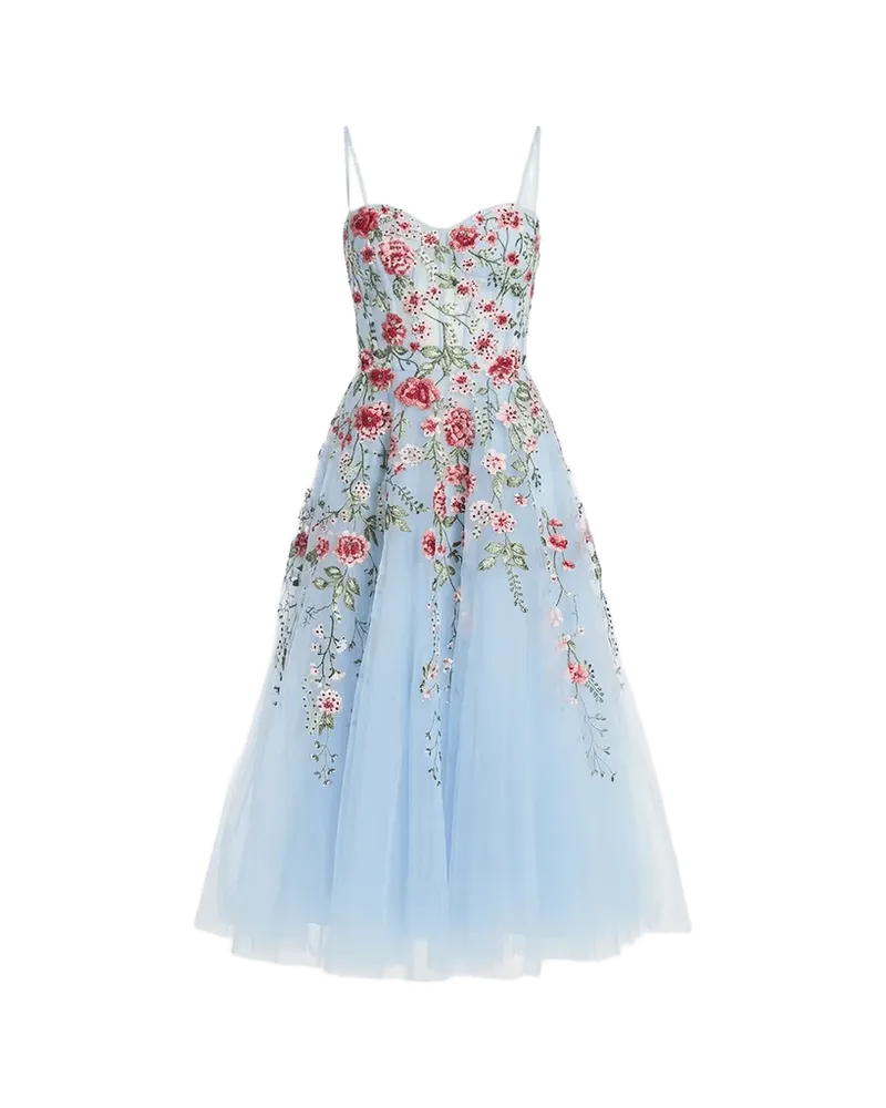 Floral-Embroidered Tulle Midi Dress