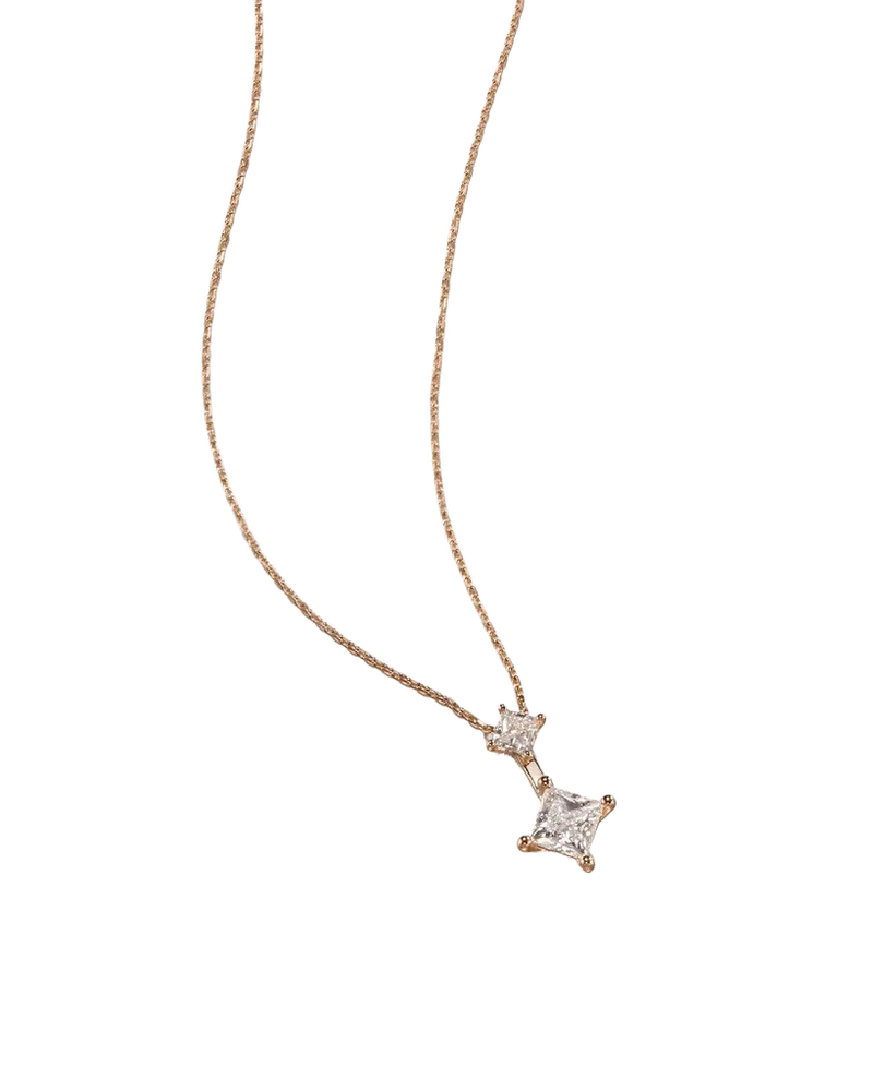 14K Princess Cut Double Diamond Pendant Necklace