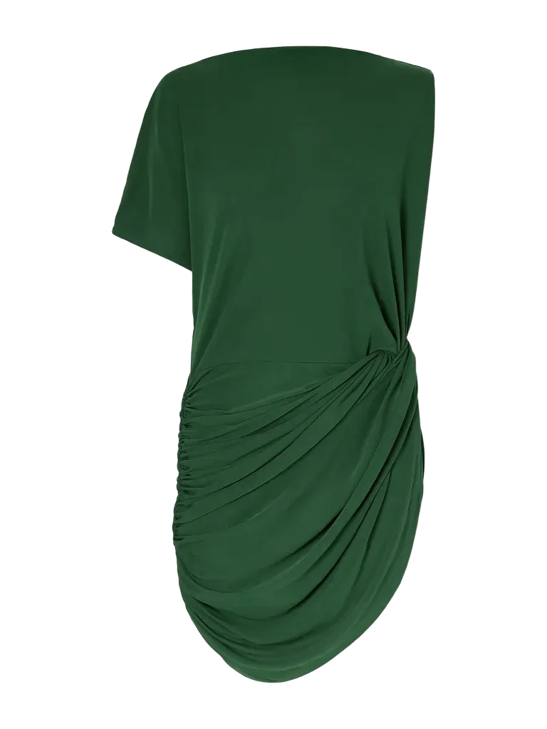 One-shoulder asymmetric gathered jersey mini dress