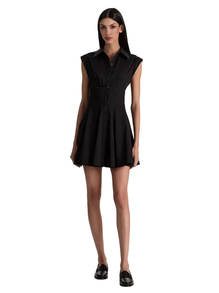 KIM PANELED CORSET FLARED MINI SHIRT DRESS - BLACK