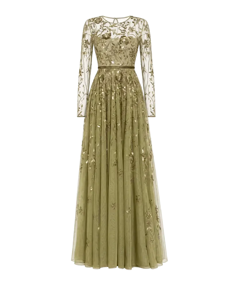 Mac Duggal Embellished Floral-Embroidered Mesh Gown