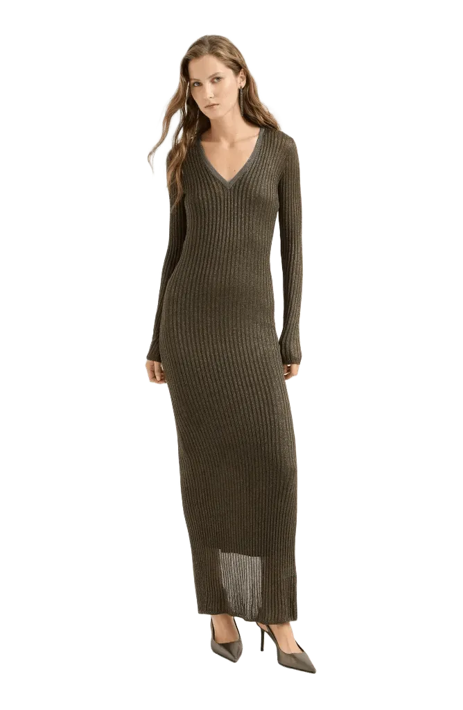 Sparkling rib knit dress with precious collar