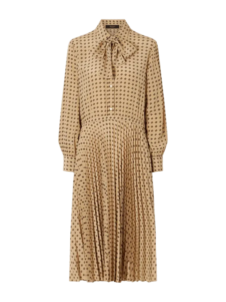 Pussy-bow pleated logo-print silk-satin midi dress