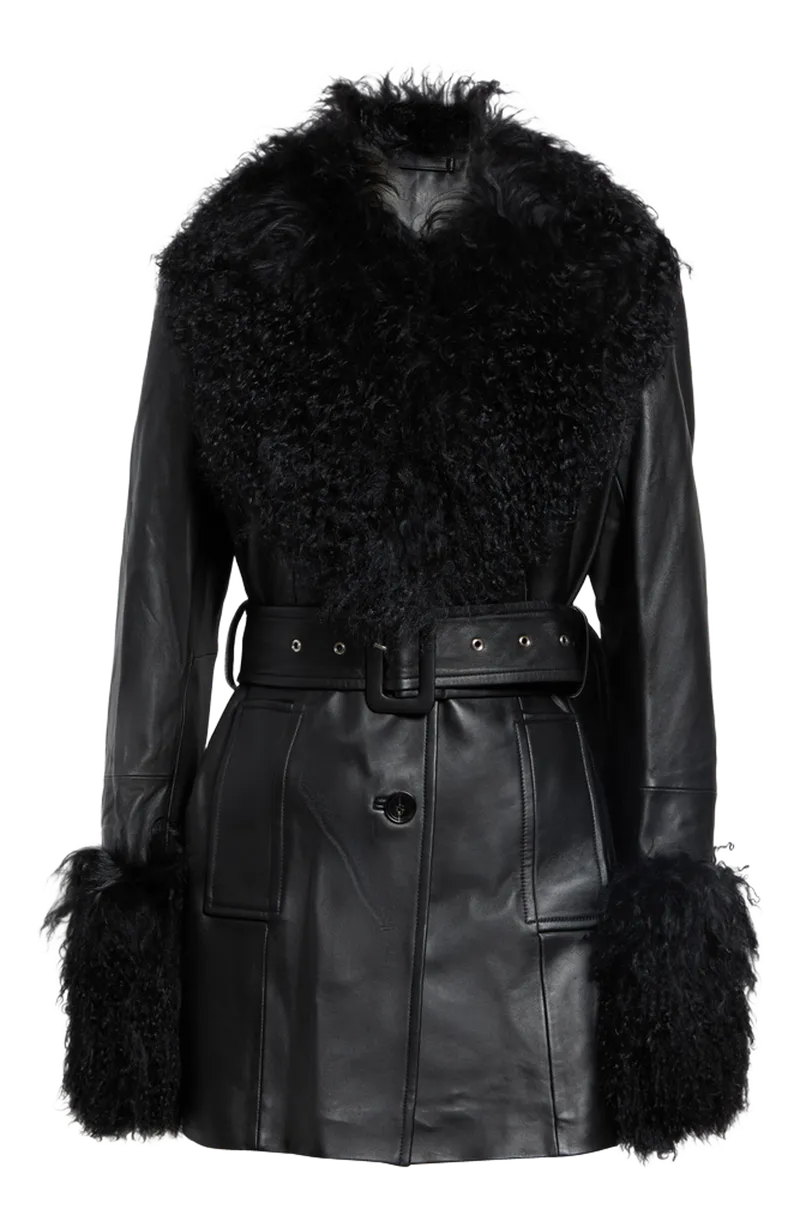 Mimmi Leather Jacket with Genuine Mongolian Shearling Trim