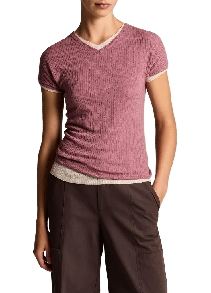 Pointelle Wool Short-Sleeve Sweater