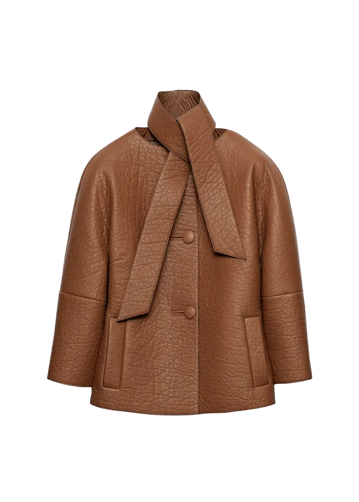 Scarf-Neck Leather Structured Jacket