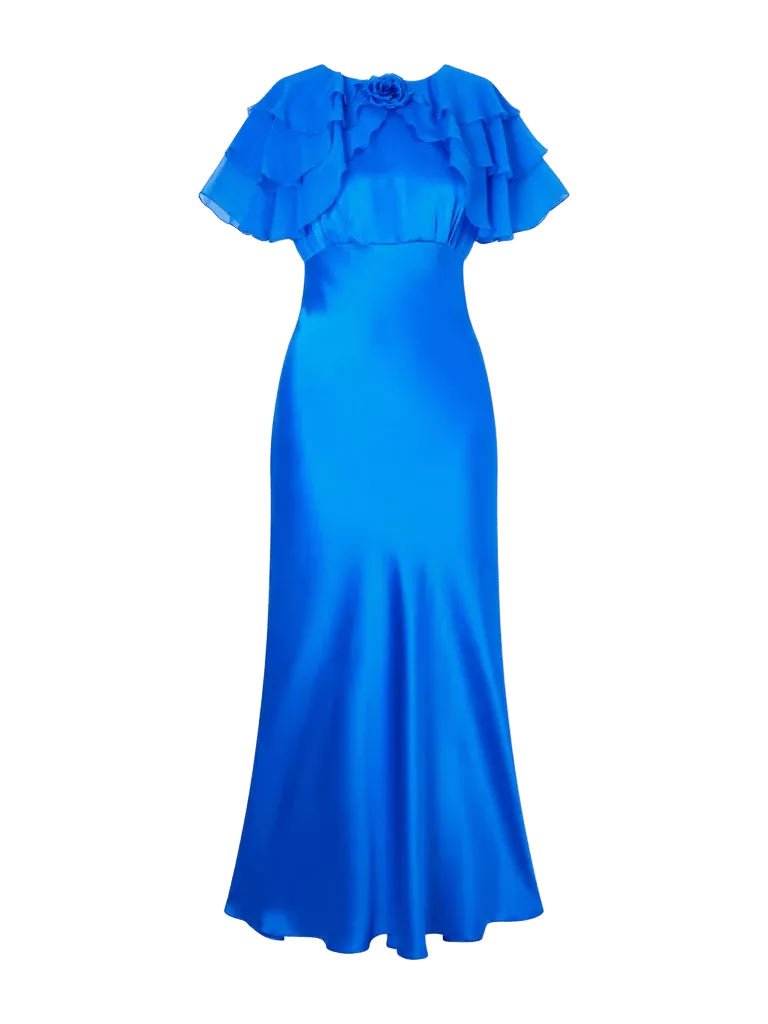 Ruffled cape-effect floral-appliqué silk-satin midi dress