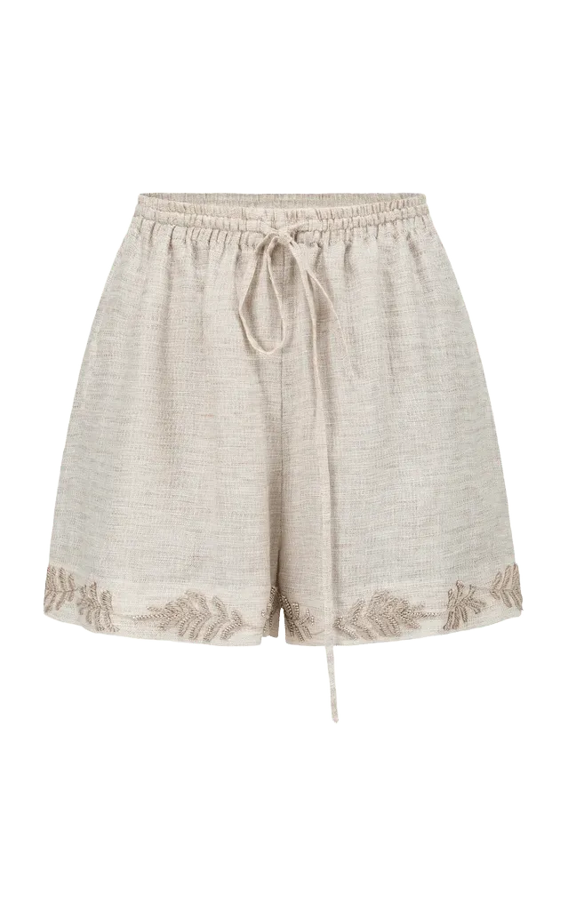 Oat Embroidered Linen Mini Shorts