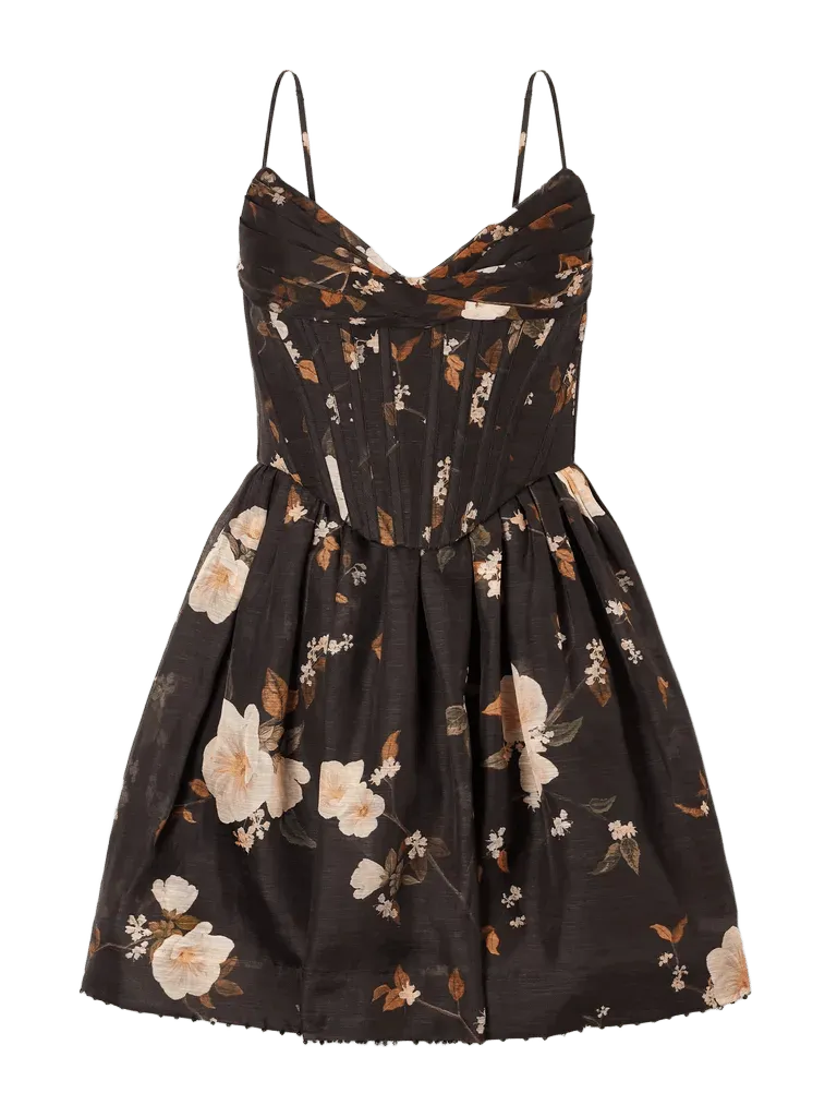 Valiant floral-print linen and silk-blend corset mini dress