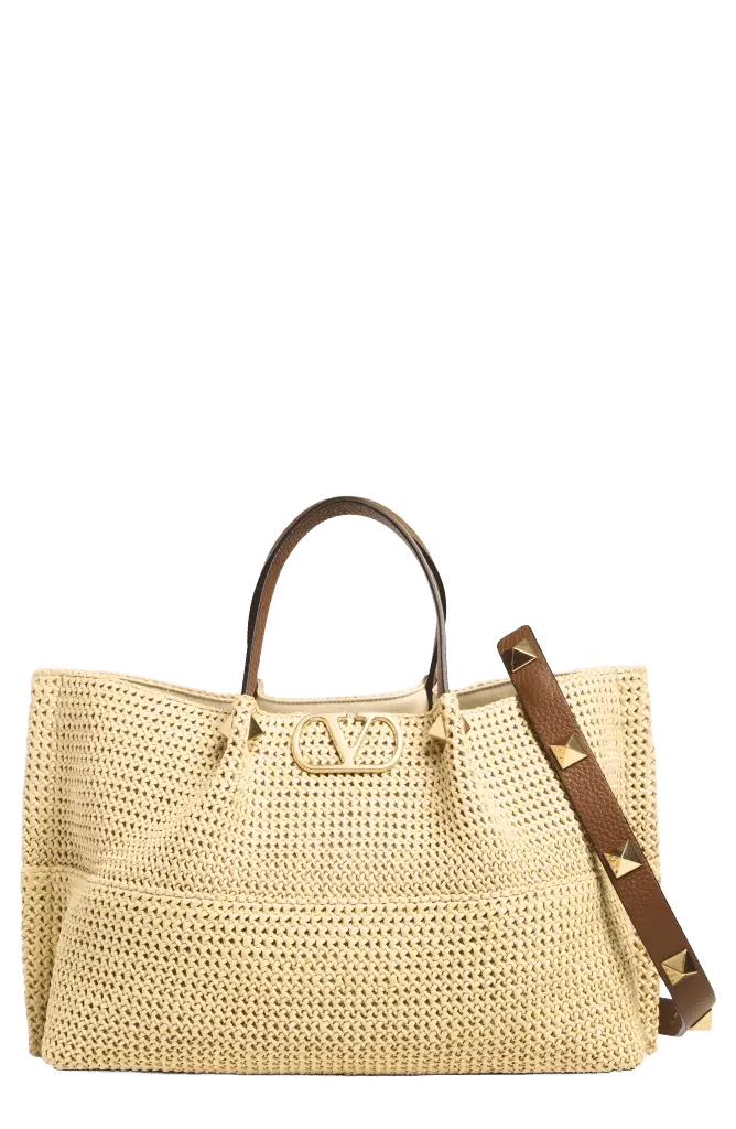 Medium VLOGO Signature Straw & Leather Tote