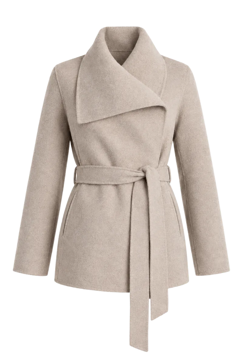 Double-Faced Merino Wool Draped Collar Short Wrap Coat