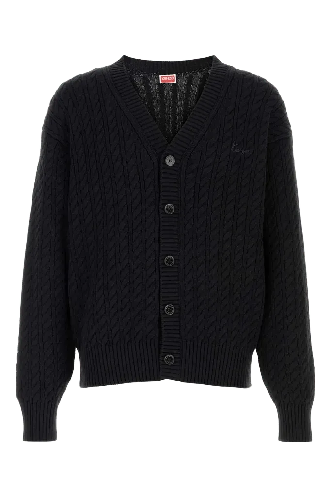 Kenzo Cable-Knit Cotton-Wool Cardigan — Black