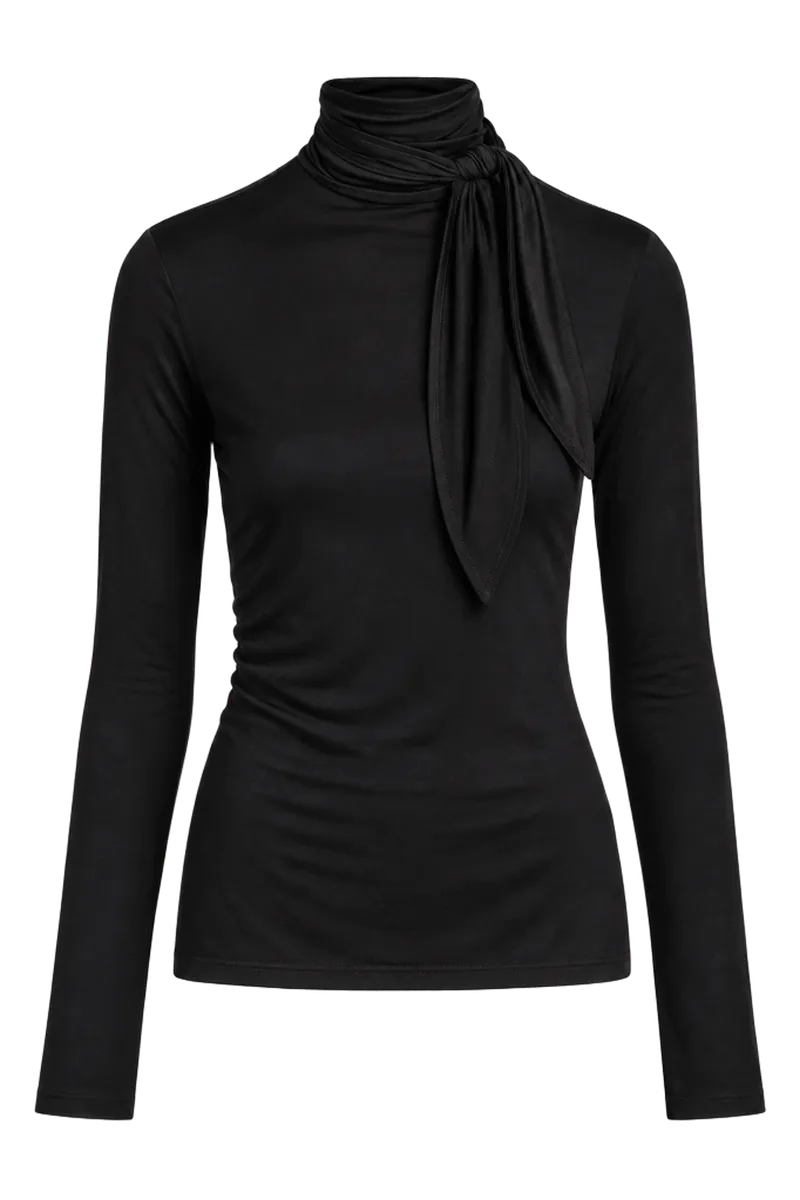 Jersey Tie-Neck Long-Sleeve Top