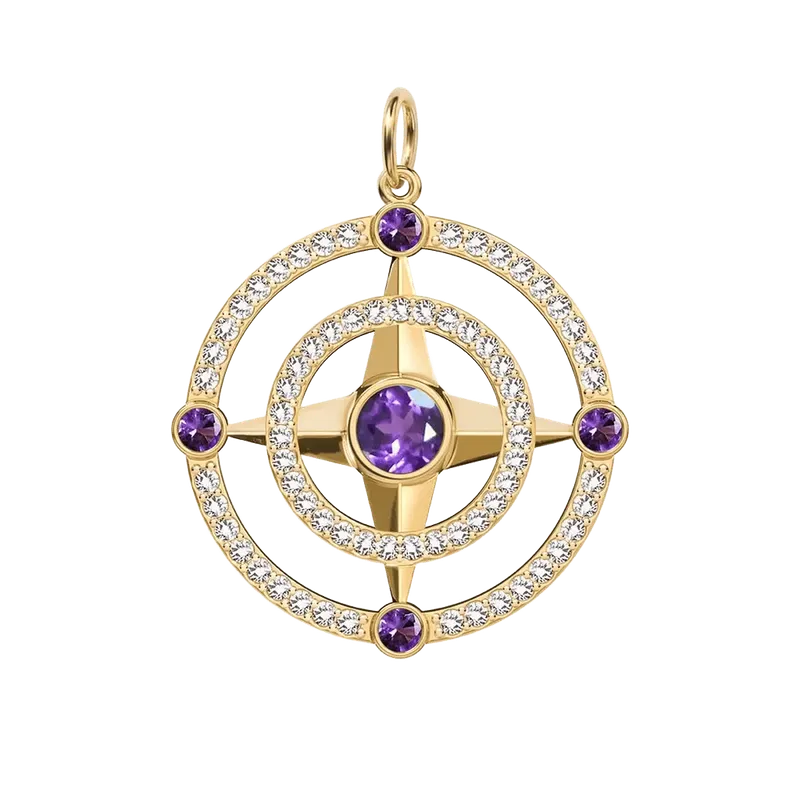 Compass Amethyst & Diamond Pendant in 14k Gold (February)