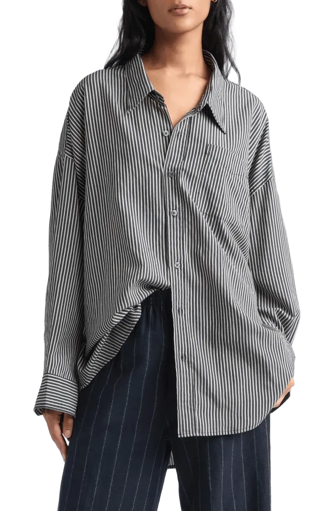 Oversize Drop Neck Stripe Button-Up Shirt
