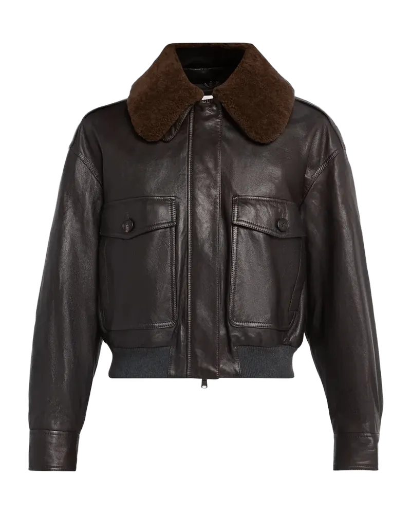 Waxed Leather Aviator Jacket With Lamb Shearling Collar