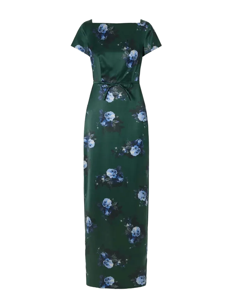 Duchess bow-detailed floral-printed satin gown