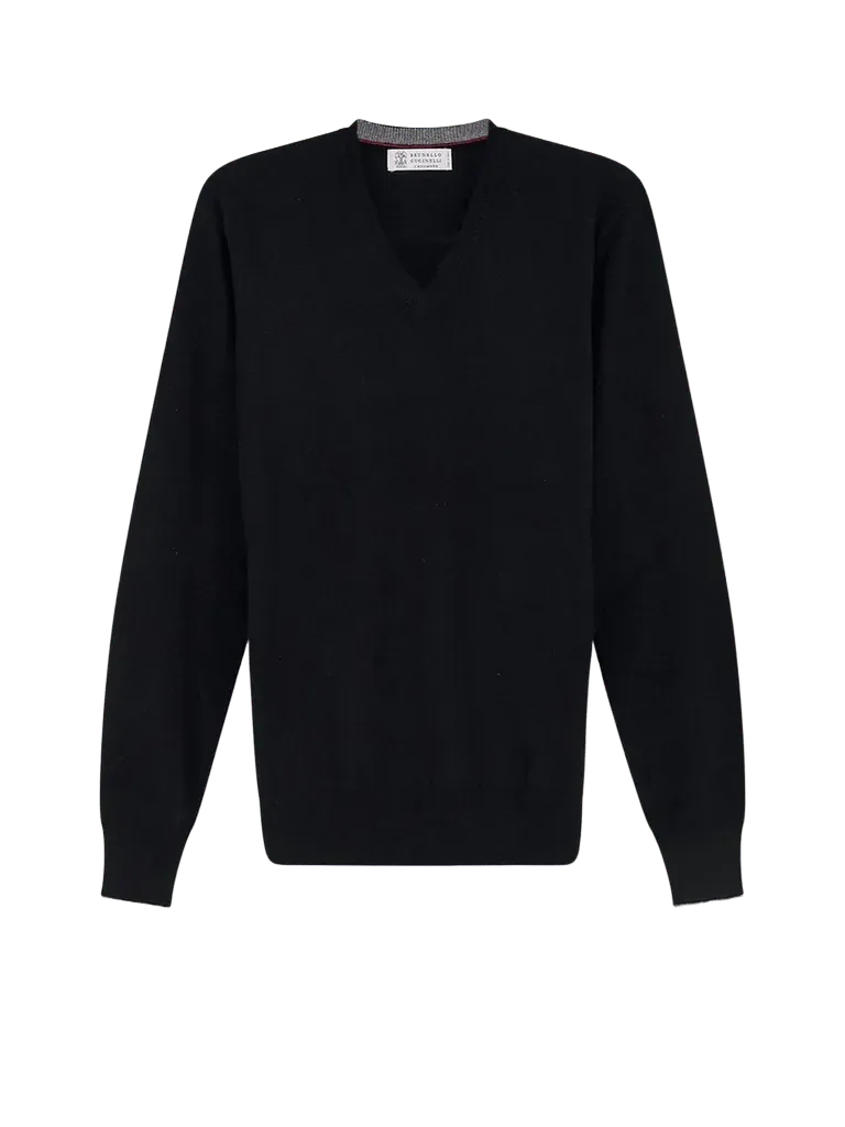 Brunello Cucinelli Cashmere V-Neck Sweater — Black