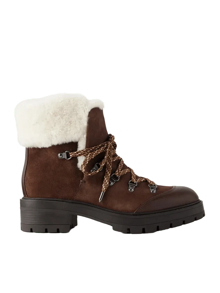 Val d'Isere shearling and leather-trimmed suede ankle boots