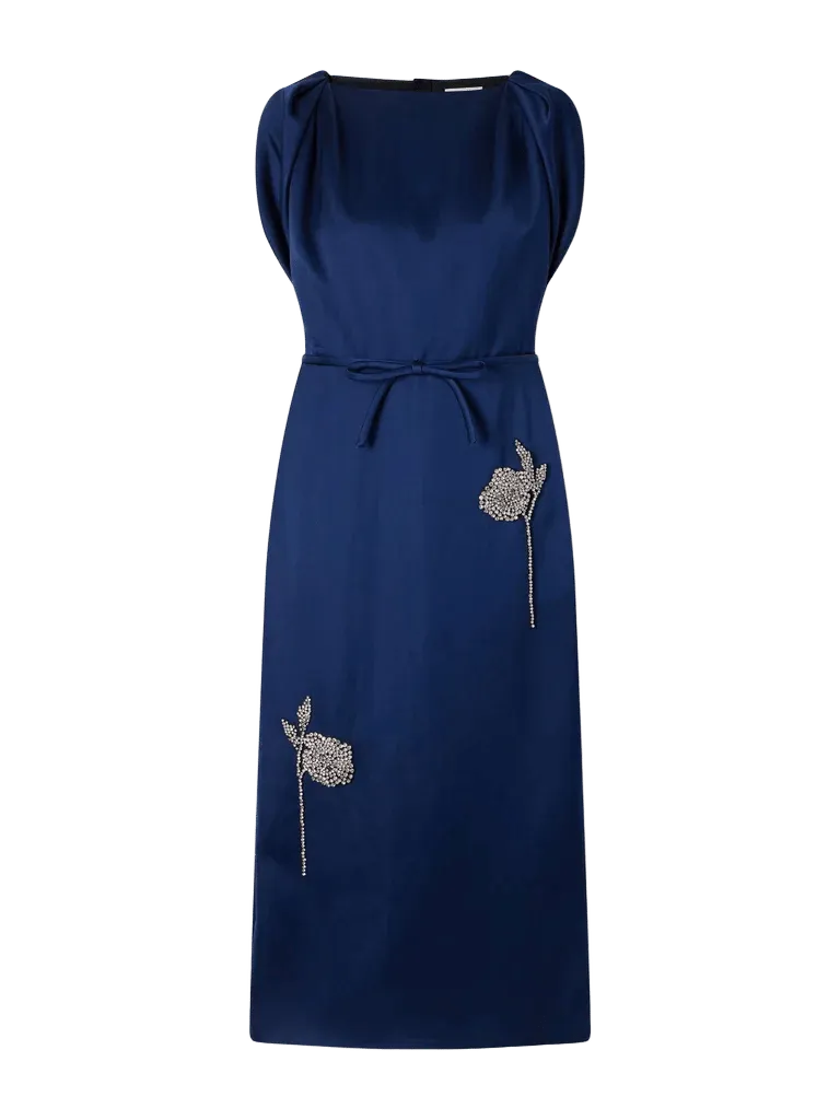 Bow-detail embroidered satin midi dress