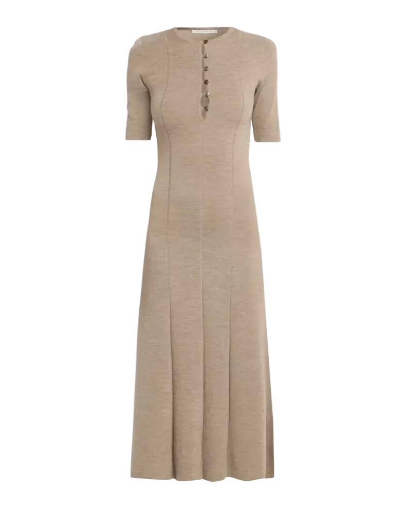 Buttoned Elbow-Sleeve Wool Midi Dress