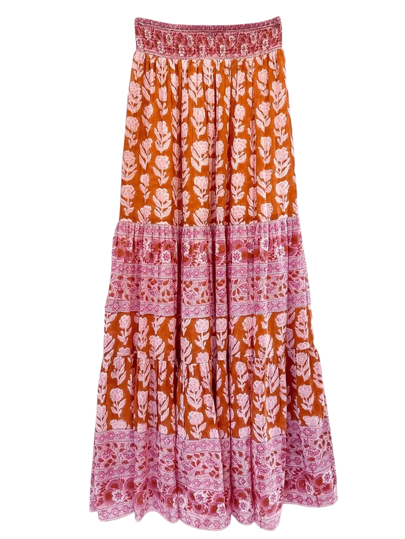 Annabelle Maxi Skirt in Brown & Pink Flower