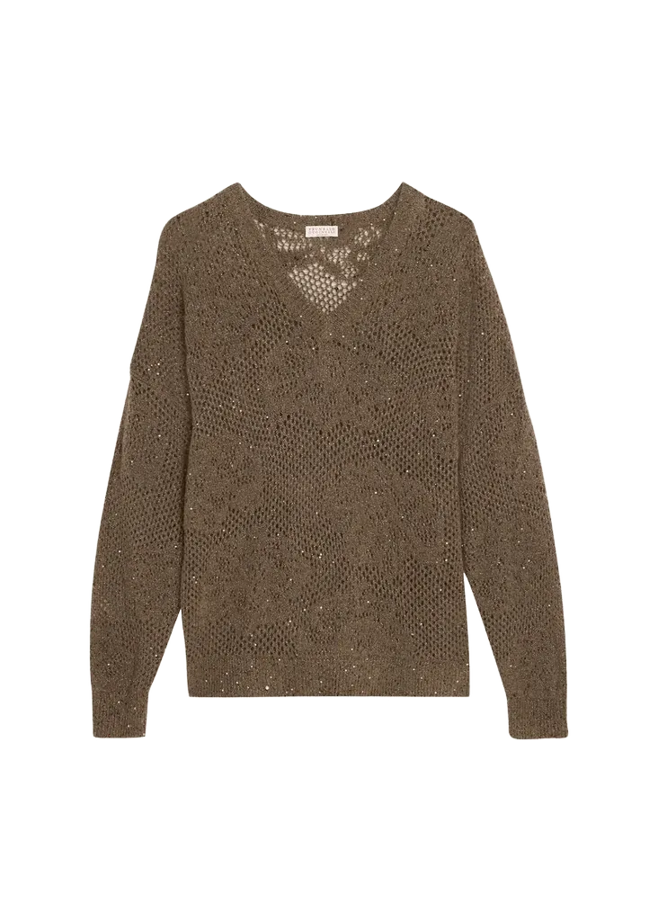 Brunello Cucinelli Diamante Paillette Mohair Open-Knit V-Neck Sweater