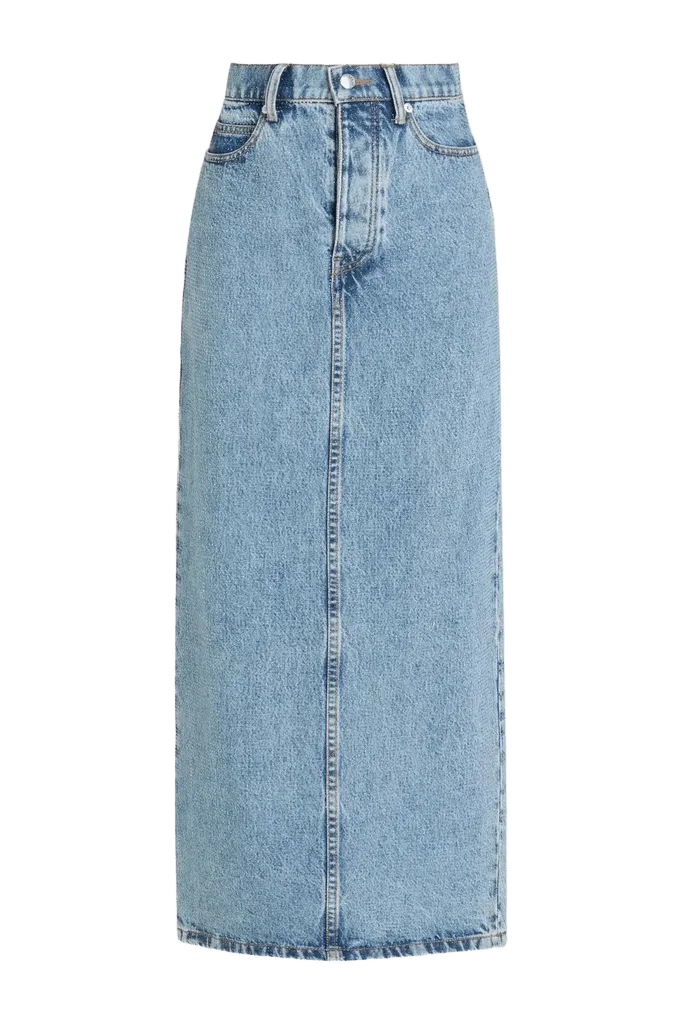 Crystal-embellished denim maxi skirt