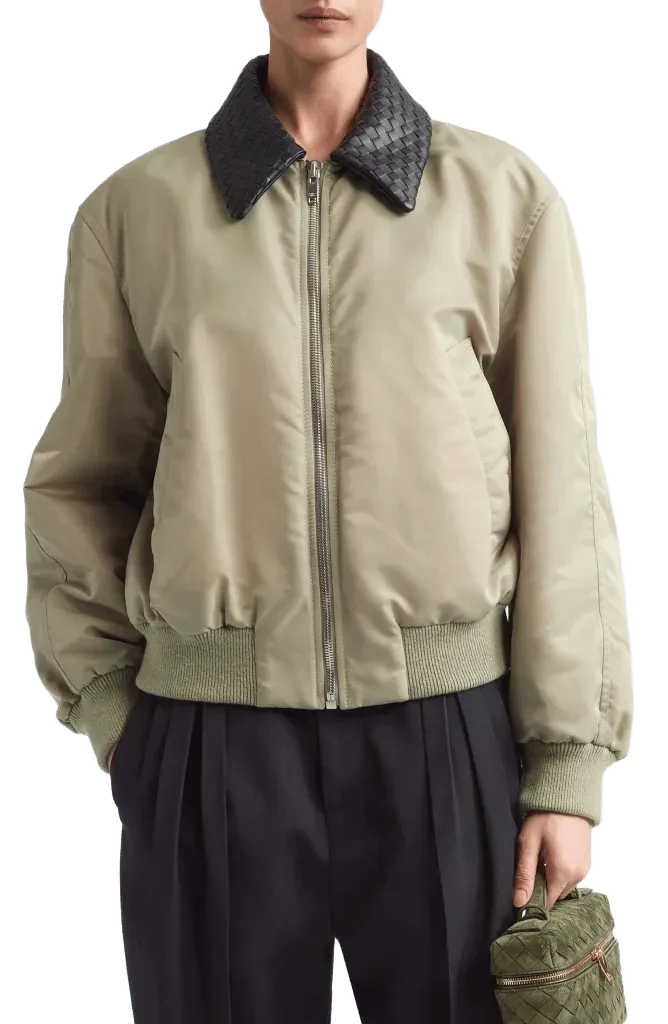 Intrecciato Leather Collar Nylon Bomber Jacket