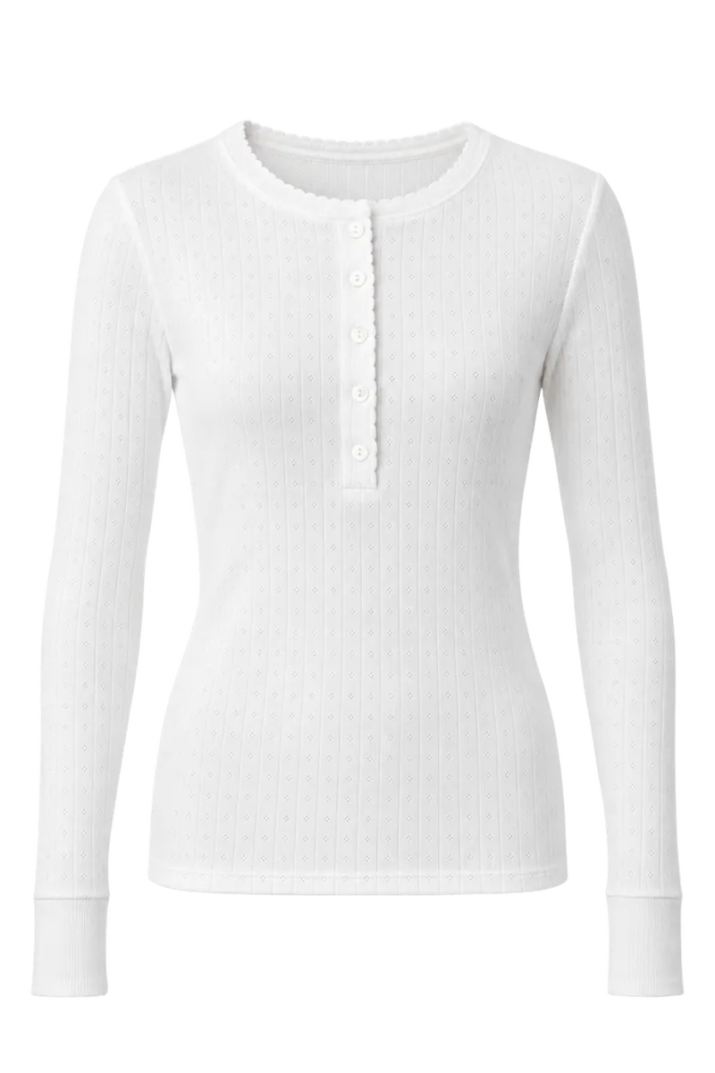 Pointelle Long Sleeve Henley - White