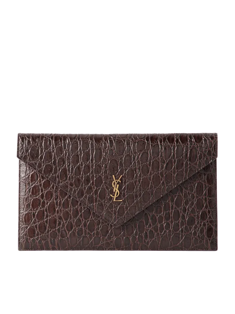Paris logo-detailed croc-effect leather clutch - dark brown - One Size