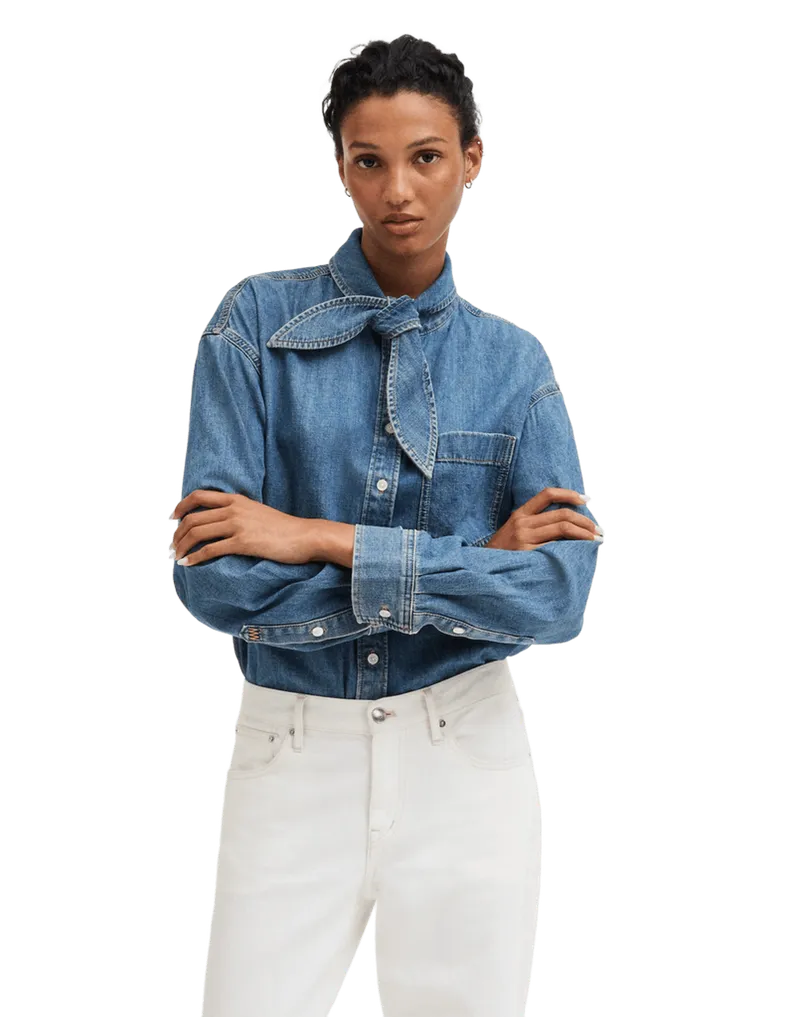 Denim Tie-Neck Shirt