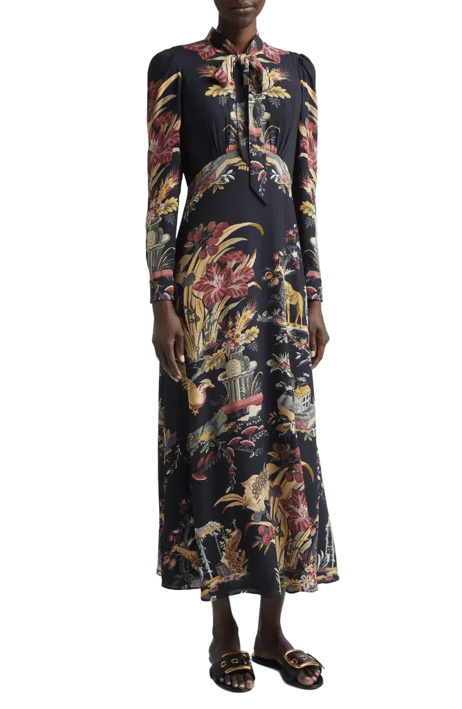 Placed Flower & Animal Print Tie Neck Long Sleeve Dress