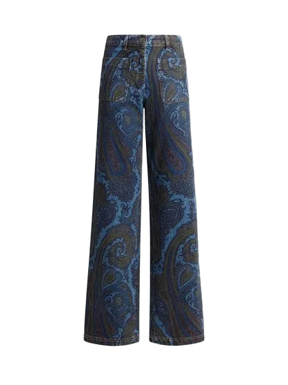 WIDE-LEG JEANS IN STRETCH COTTON DENIM WITH PAISLEY MOTIF
