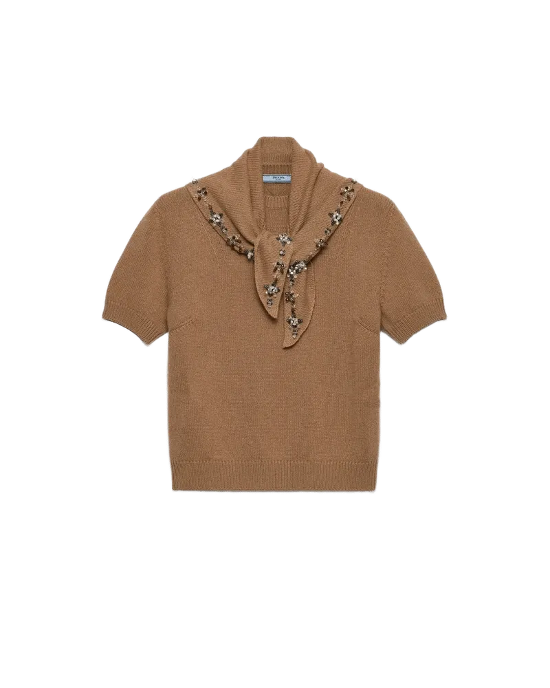 Short-sleeved cashmere sweater with scarf