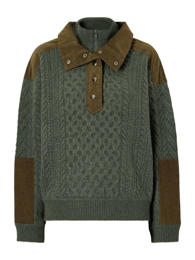 Allen cotton corduroy-trimmed cable-knit wool sweater