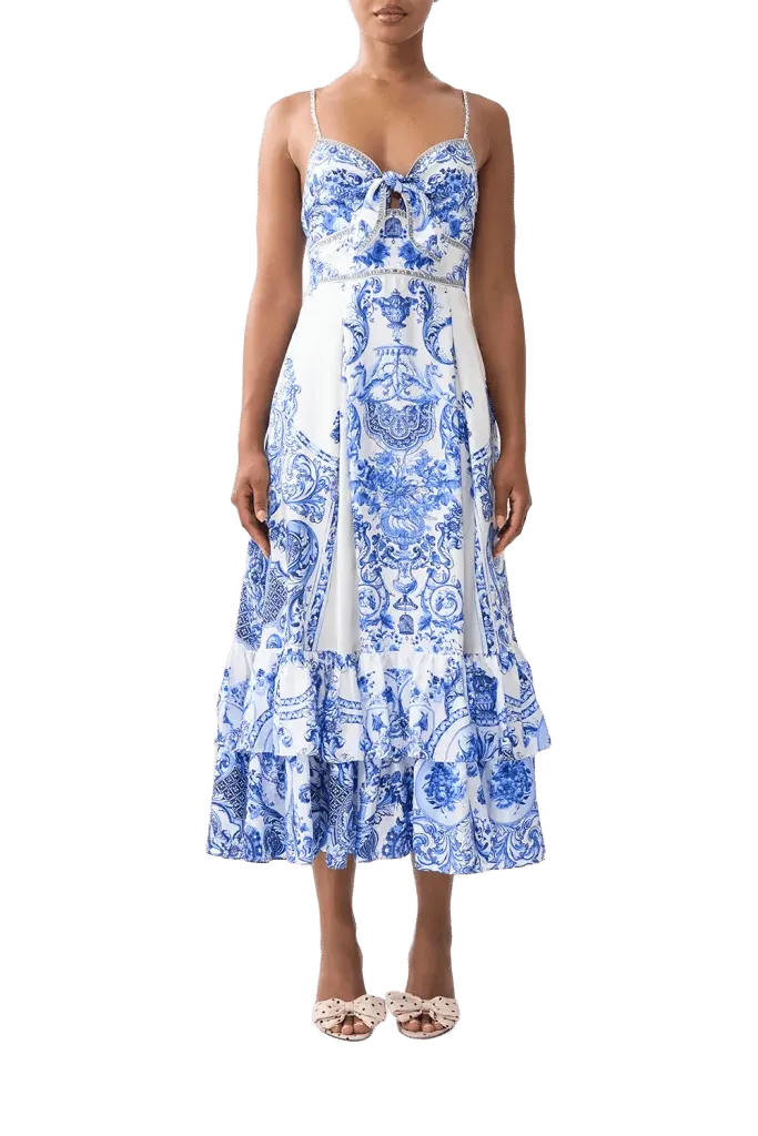 Ruffle Hem Tie Front Midi Dress