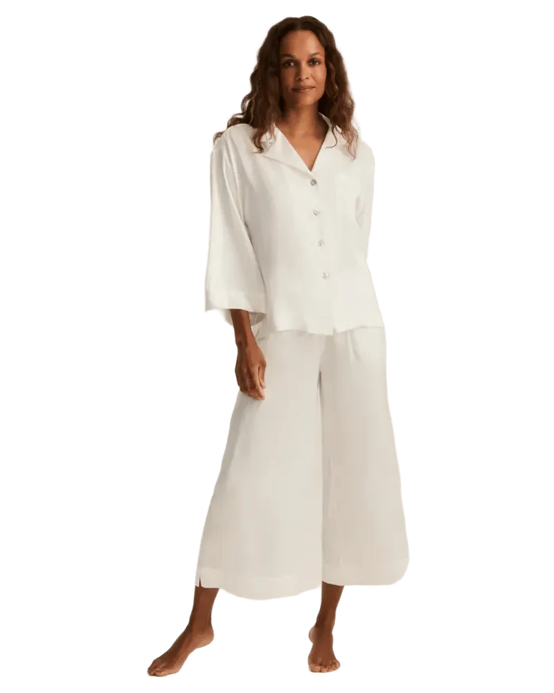 The Olivia Wide Leg Silk Pajama Set in White