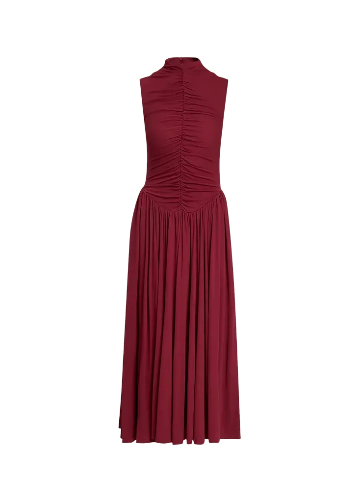 Faria Ruched Mock-Neck Jersey Midi Dress
