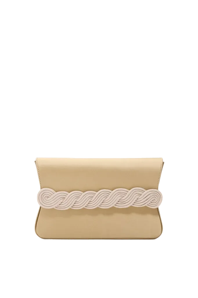 Beige satin clutch with braided passementerie