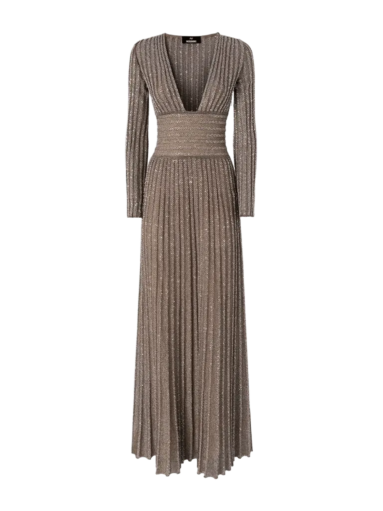 Long-sleeve deep neckline maxi dress