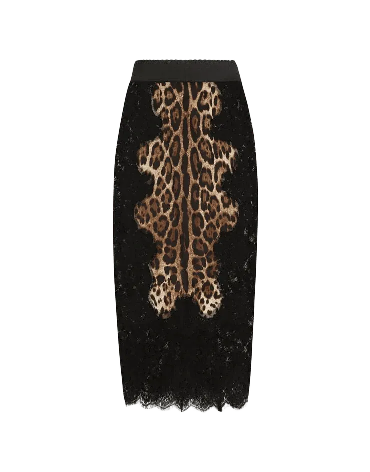 Leopard-print satin midi skirt with lace inserts